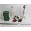 Image 1 : Glass Light (works) - Milk Bottle - Napkin Holder - (2) Clay Hat Ashtrays