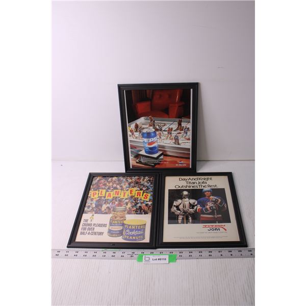 (3) Framed Vintage Advertising - Pepsi, Hockey