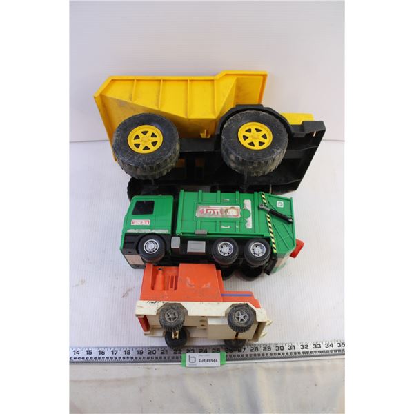 (3) toy trucks Dumptruck, Garbage Truck, Ambulance