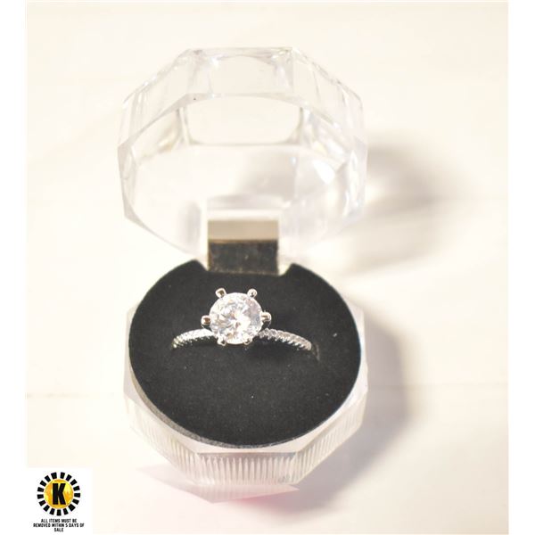 3.0CT SOLITAIRE STAMPED 925 RING W/CLEAR ACCENTS