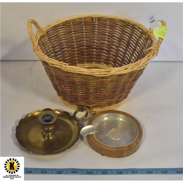 VINTAGE CANDLESTICK HOLDER AND ASHTRAY IN BASKET