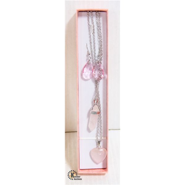 NEW POLISHED ROSE QUARTZ PENDANTS + NECKLACE &