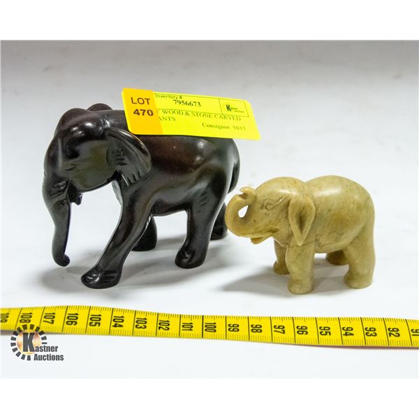 PAIR OF WOOD & STONE CARVED ELEPHANTS