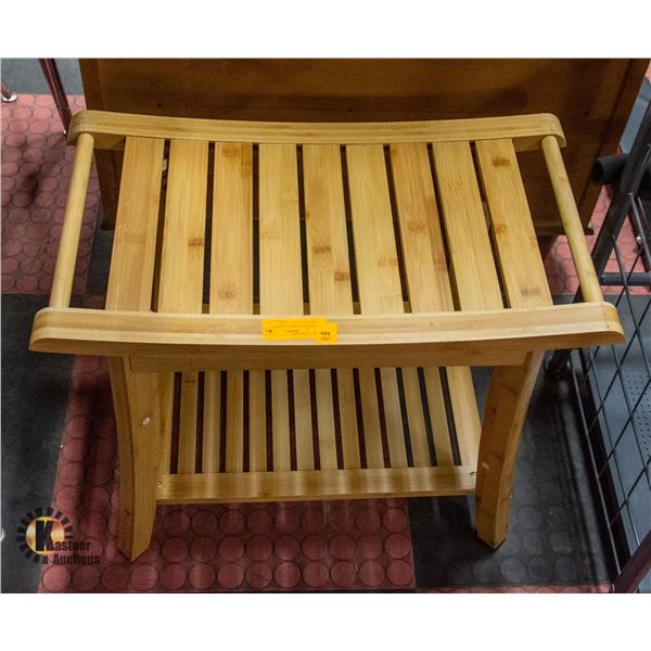 NEWLY ASSEMBLED BAMBOO WOOD SHOWER SEAT W/