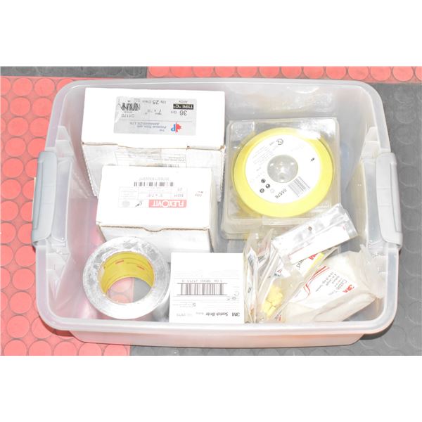 BOX OF ELECTRICAL SUPPLIES AND SANDING DISCS