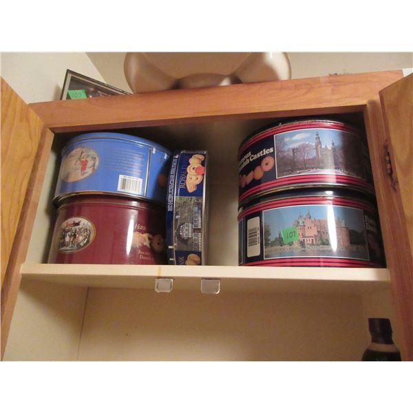 LAUNDRY ROOM:  5 COLLECTOR COOKIE TINS, 2 FRAMED PICTURES, FLORAL ARRANGEMENT