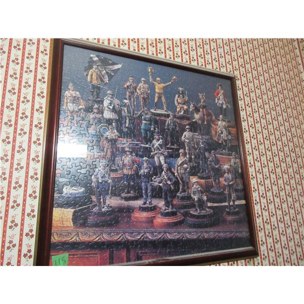 HALLWAY:  2 COPPERCRAFT PICTURES, FRAMED SOLDIER PUZZLE, HORSESHOE PICTURE, WALL HANGING