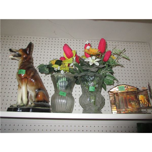 HALLWAY:  CHALKWARE GERMAN SHEPHARD ORNAMENT, 2 VASES & COPPER AIRPORT