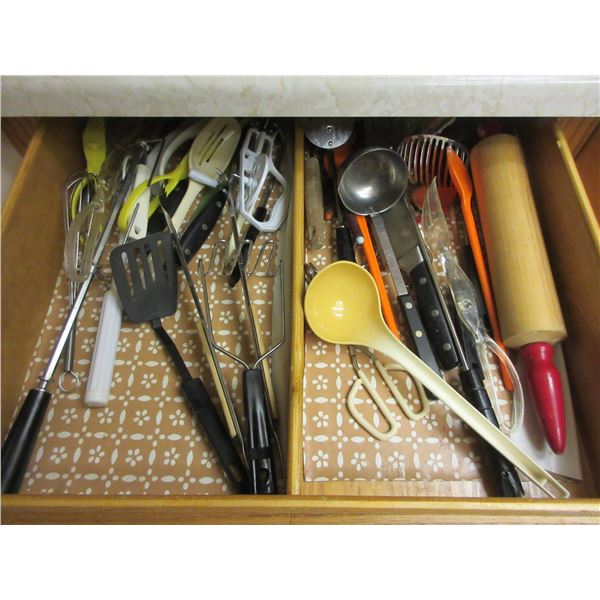 KITCHEN:  UTENSILS, ROLLING PIN, ROTISSERIE, HOT PADS, ETC (CONTENTS OF 2 DRAWERS)