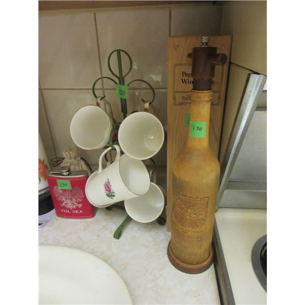 KITCHEN:  COFFEE MAKER, OIL & VINEGAR SET, MARBLE CHEESE BOARD, MUGS & TREE, CANDLE, PEPPER MILL