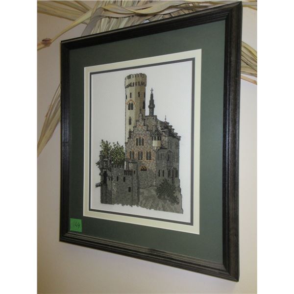 KITCHEN:  FRAMED CASTLE CROSS STITCH PICTURE (APPROX. 13" X 15")