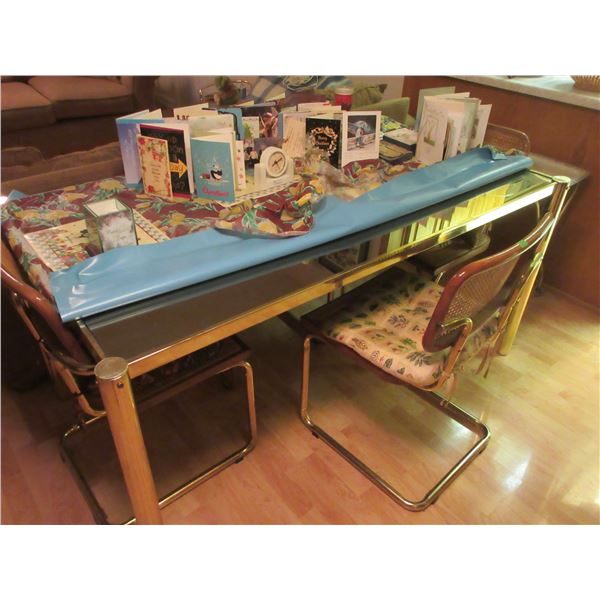 KITCHEN:  GLASS TOP TABLE & 3 RATTAN AND CHROME CHAIRS