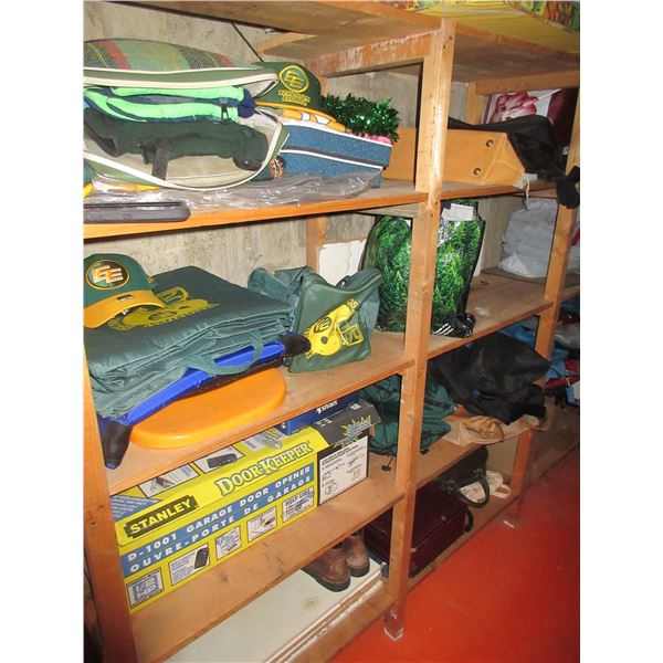 CONTENTS OF 2 WOOD SHELVES (EDMONTON ESKIMOS TOQUES, STADIUM SEATS,