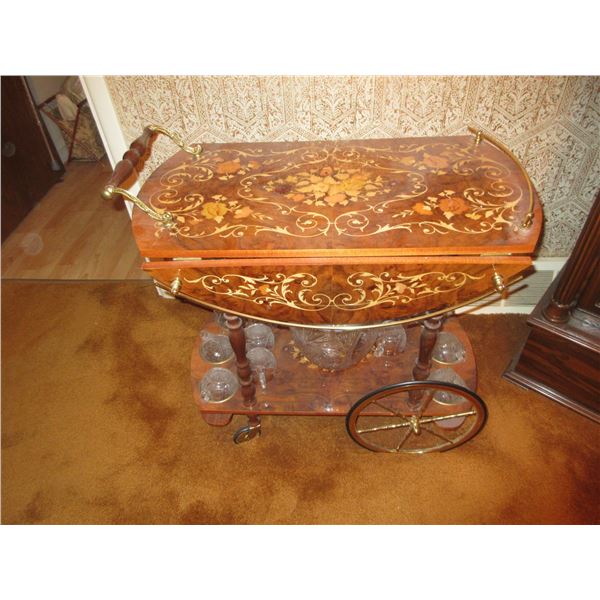 FRONT ENTRY BRASS & WOOD INLAY TEA CART (APPROX. 29" X 29")