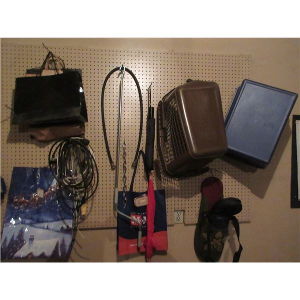 GARAGE GIFT BAGS, EXTENSION CORDS, UMBRELLA, LAUNDRY BASKETS