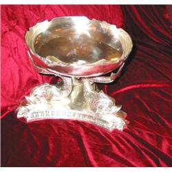 Silverplated centerpiece w/3 dolphin base supporting a bowl w/an applique border - 12" triangular ba