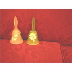 2 Frosted glass bells by Westmoreland - 1 green & 1white frost w/pink trim & apple blossoms - bells 