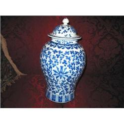 Blue & white porcelain Temple Jar with lid - 21" T x10" W