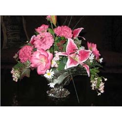 Silk flowers in a full-lead Mikasa bowl - round arrangement is 15" W x 16" T