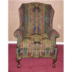 Green, navy, red, & gold striped Damask - ball & claw feet - 33" D x 31" W x 39.5" T - seat width 18