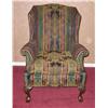 Image 1 : Green, navy, red, & gold striped Damask - ball & claw feet - 33" D x 31" W x 39.5" T - seat width 18