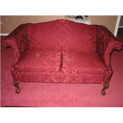 Loveseat in burgundy damask in Chippendale Style - Ball & claw feet - 58" W x 32" D x 34" T - Norwal