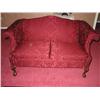Image 1 : Loveseat in burgundy damask in Chippendale Style - Ball & claw feet - 58" W x 32" D x 34" T - Norwal