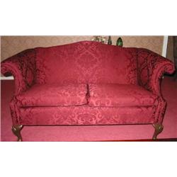 Loveseat in burgundy damask in Chippendale Style - Ball & claw feet - 58" W x 32" D x 34" T - Norwal