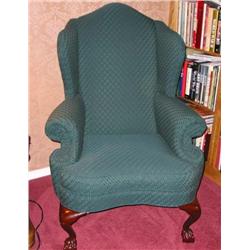 Wing chair w/woven green diamond fabric - Chippendale- Ball & claw feet 35" x 37" x 48" T