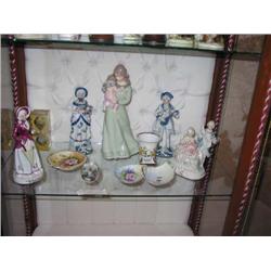 5 Porcelain figurines, 2 numbered hand-painted porcelain dishes, 1 porcelain gold-rimmed cup,1 Orrsf