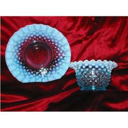 Aqua hobnail bowl w/saucer - bowl 4.5" diameter saucer 6" diameter
