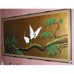 Japanese Screen of Gold Foil Paper w/hand painted cranes - Cranes are a symbol of longivity in Japan