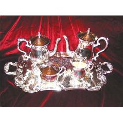 Silverplated Coffee/Tea Service - footed waiter 23.5" x 13" - Service is 6-piece set including coffe