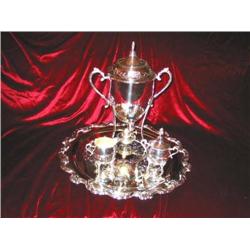 6-piece silverplated Samovar w/alcohol burner - 12 cup 15" T & tray is 17" diameter