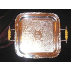 Silverplated square footed tray w/handles - has personal engraving already on it - 15" square