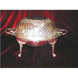 Silverplated embossed egg-shaped food warmer w/hotwater bowl - 16" x 10" x 9" - has disappearing cov