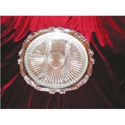 2 Silverplated Baroque round relish servers 12"diameter w/removal 4-section crystal liner - bid will