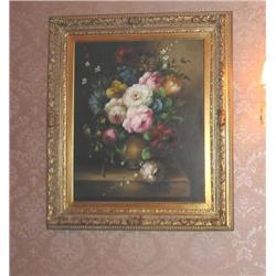 Floral oil on canvas (original) in gold leaf baroque frame 31" x 27.25"