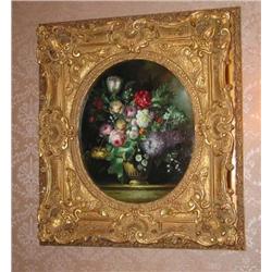 Floral Oil on Canvas (signed by Thomas) in a gold leaf Baroque Frame 34" x 38"