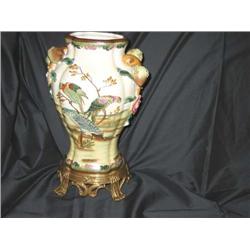 Hand painted Chinese porcelain vase on a bronze basew/pomagranite handles & porcelain appliqued rose