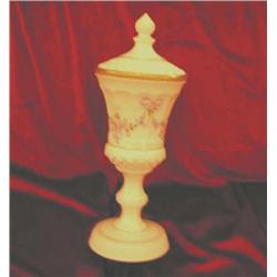 White milk glass hand painted wedding bowl w/lid 5" diameter x 12" tall