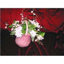 Fenton glass raspberry frost basket w/pink floral arrangement 7" diameter x 9" tall