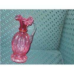 Fenton cranberry glass vase w/clear crystal handle - 9" x 4" diameter