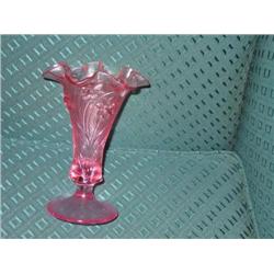 Fenton cranberry glass vase w/joniquil pattern -7.5" x 5.25"