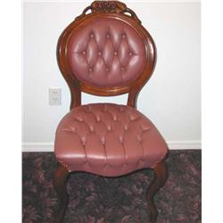 4 Victorian side chairs in hand carved solid mahogany w/back & seat deeply tufted naugahide 18.5" x 