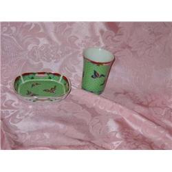 Hand decoratead porcelain cup & soap dish by Cloisenne dish is 5" x 3.75" & cup is 3.75" x 2 7/8" di