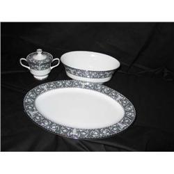 Fine china platter white w/charcoal & white & platinum border 14.25" x 10" "La Boheme" pattern by Sa