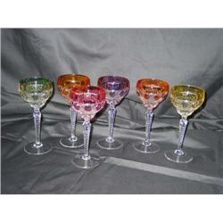 Full-lead cased crystal goblets - each in a different color - 7.5" tall - 1 goblet has a slight chip