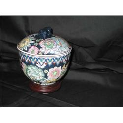 Chinese hand-painted porcelain jar - multicolored flowers w/gold on a wooden base from Neiman Marcus