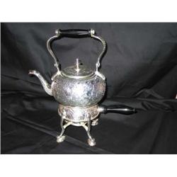 Silverplated embossed hot water kettle on stand w/alcohol burner & black wooden handles 7" diameter 